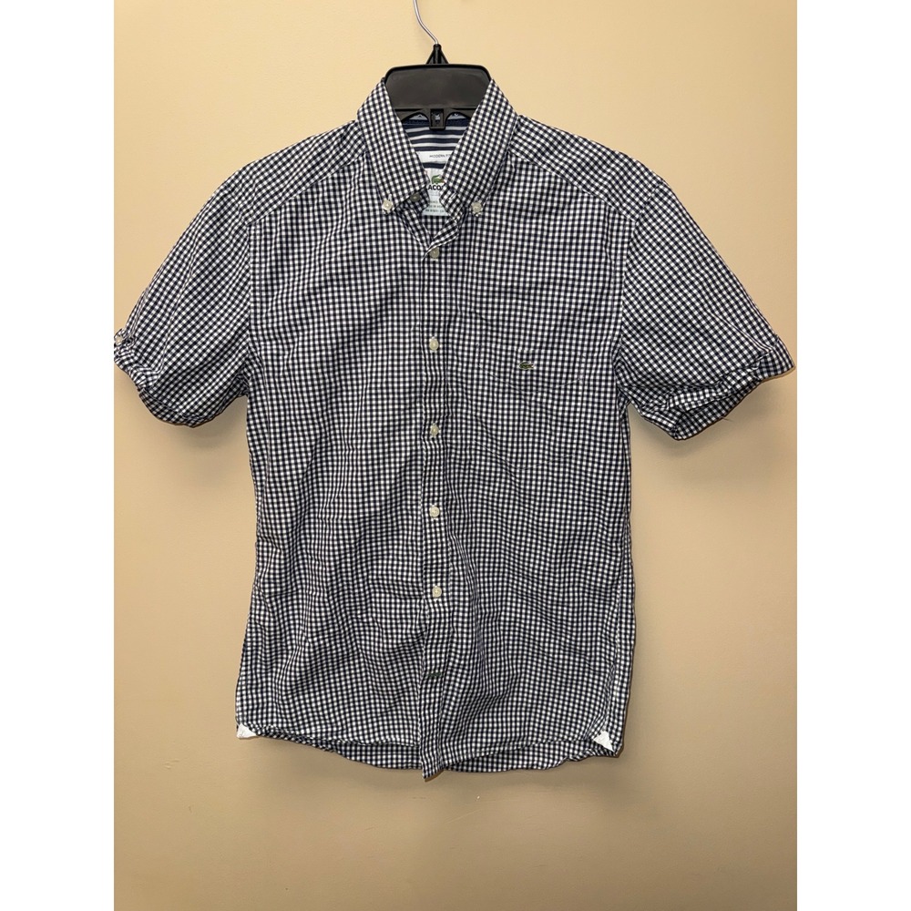 Lacoste Mens Gingham Short Sleeve Button Down Shirt Navy White Modern Fit 38